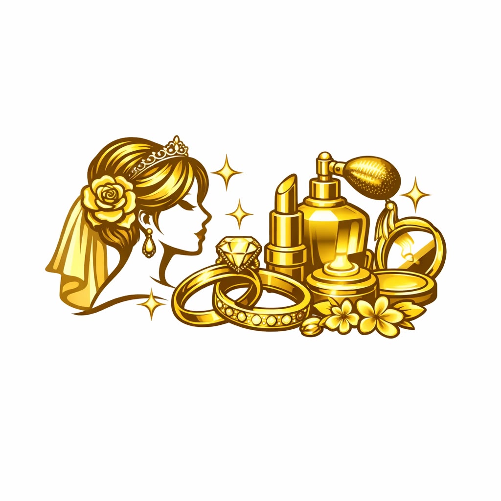 Golden emblem for LRC Style Salon Bridal Glamour Service featuring a stylized bride’s profile with flowing hair, makeup brush, jewelry accents, and sparkles, symbolizing luxury bridal styling and elegance.