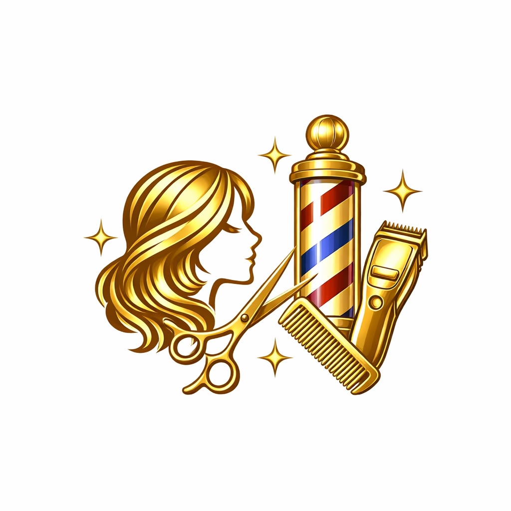Golden emblem for LRC Style Salon & Barber featuring stylized hair strands, scissors, comb, and barber pole arranged in a circular design, symbolizing luxury grooming and professional hairstyling.