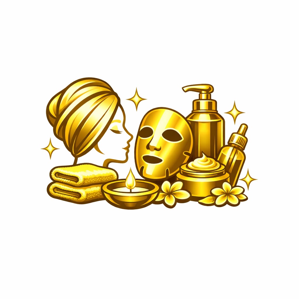 Golden emblem for LRC Style Salon Facial Skin Care featuring a stylized face profile, cosmetic brush, bowl with flowers, and sparkles, symbolizing luxury skincare and rejuvenation.