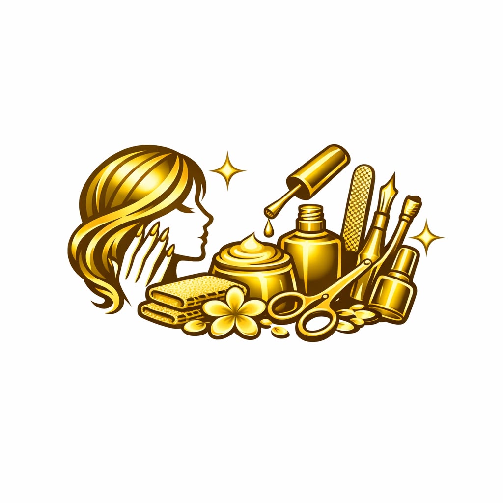 Golden emblem for LRC Style Salon Nail Care featuring stylized hands, nail polish bottle, brush, and sparkles, symbolizing luxury manicure and professional nail treatments.